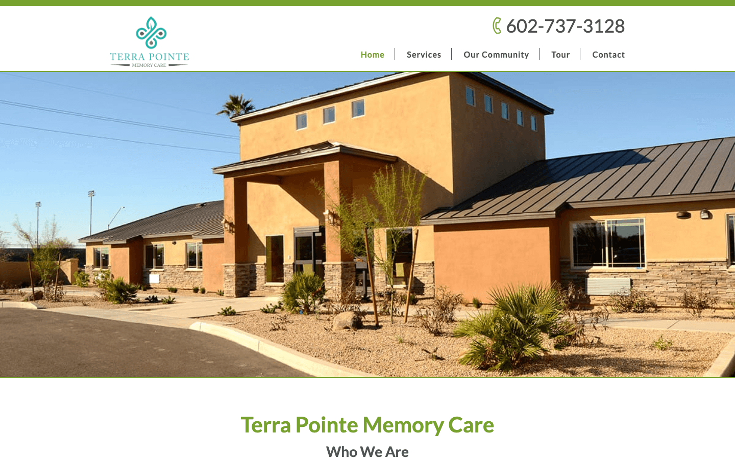 Terra Pointe Memory Care location website showing community-specific branding within the shared Avista platform