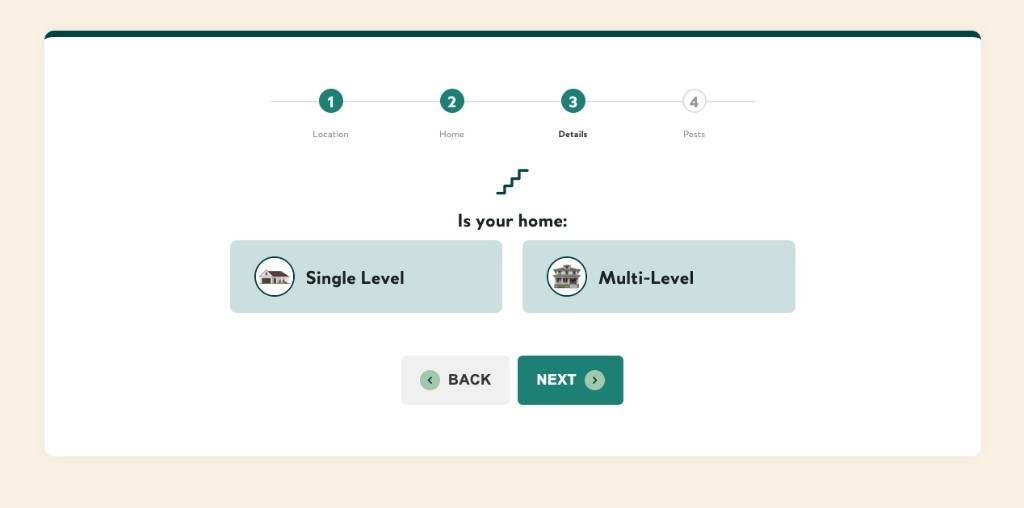 Bugsdrop plan-builder details step asking whether the home is single level or multi-level