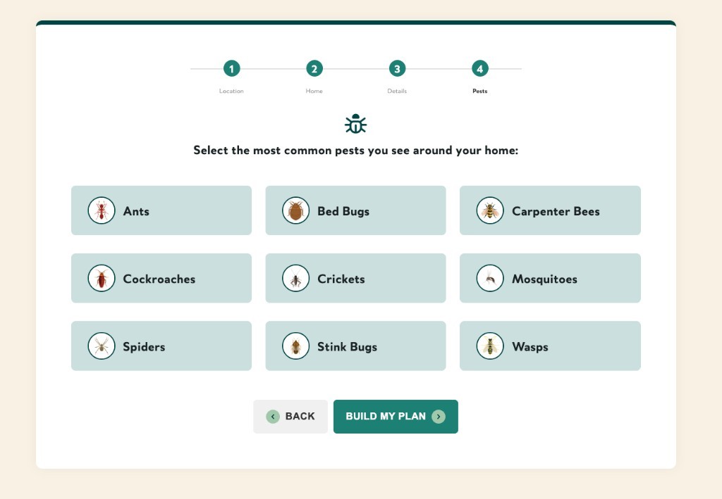 Bugsdrop pest-selection step showing state-relevant pest options such as ants, bed bugs, and mosquitoes
