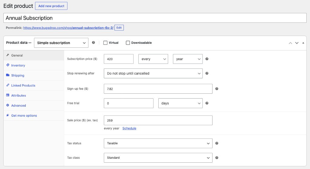 Bugsdrop product administration screen for configuring an annual subscription product and pricing