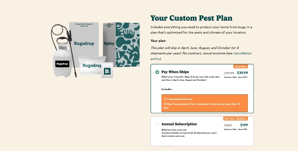 Bugsdrop custom pest plan recommendation with subscription options based on household details