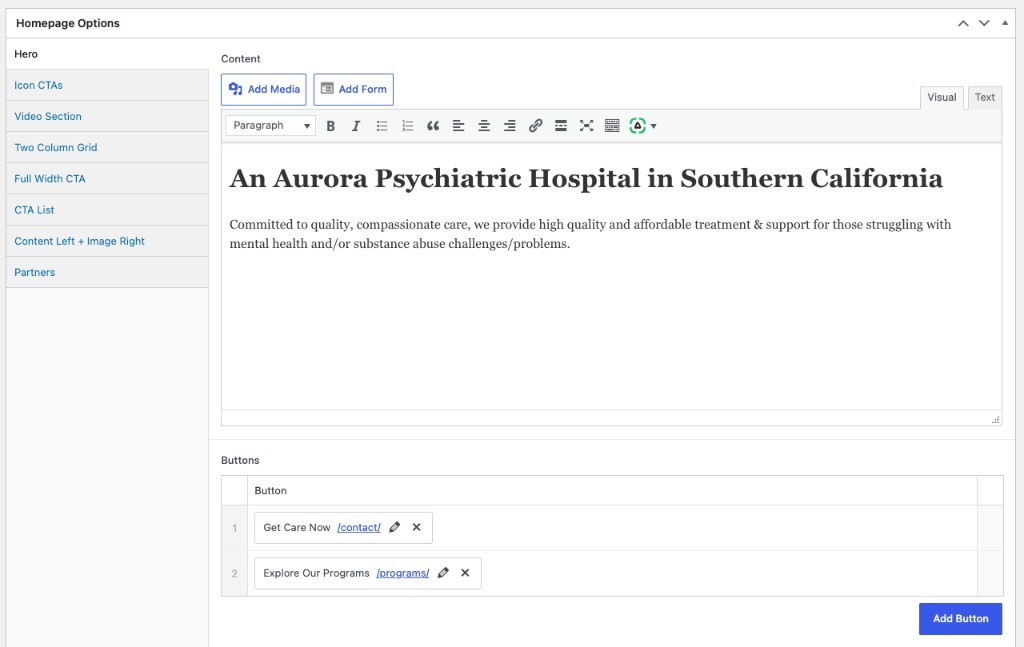 Charter Oak Hospital WordPress editor using reusable ACF Flexible Content modules