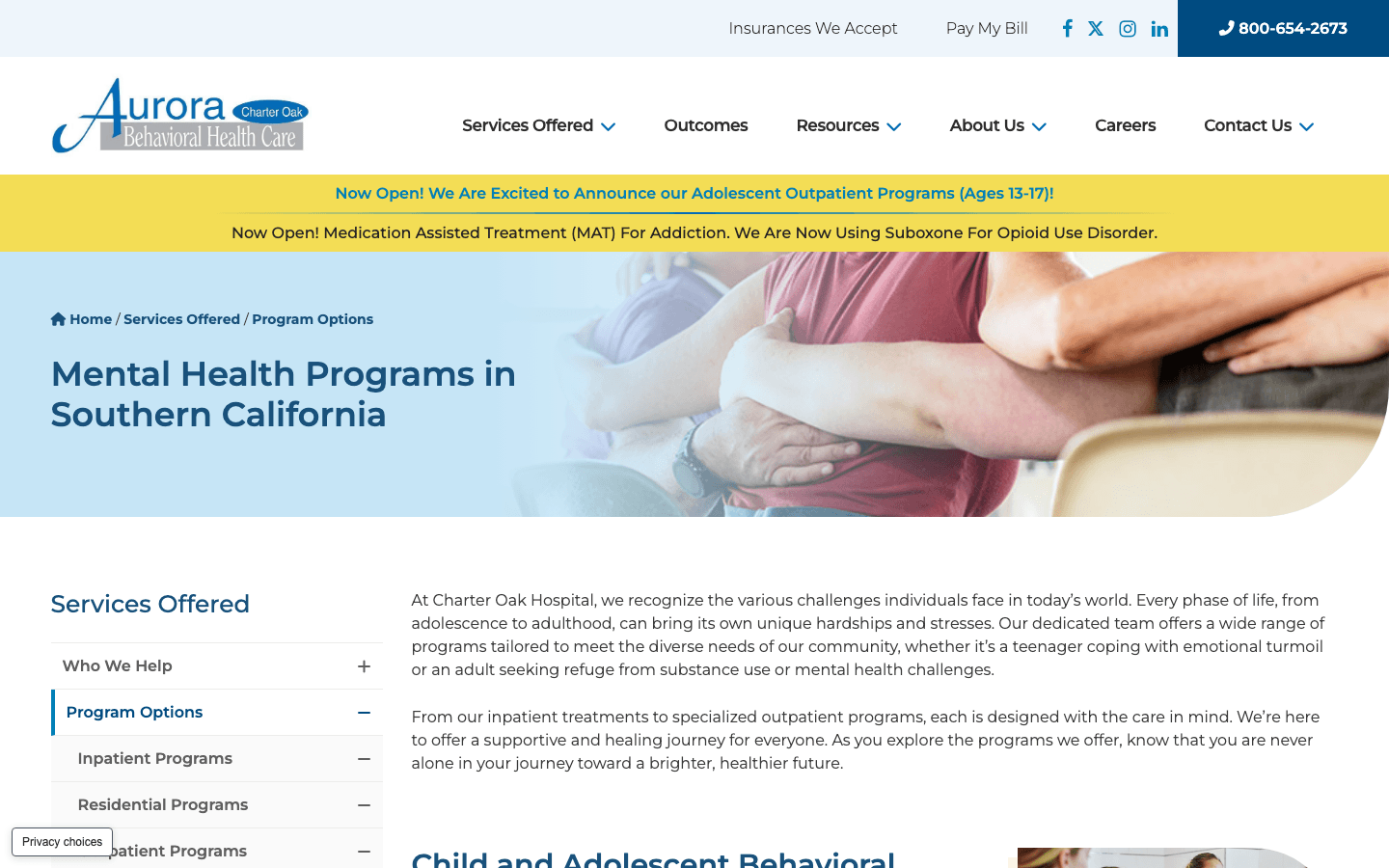 Charter Oak Hospital website architecture supporting improved organic search visibility
