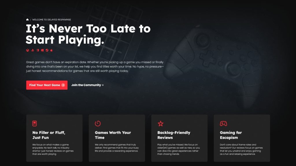 The Delayed Respawnse application, showing catalogue navigation by platform, game search, and the discovery entry points