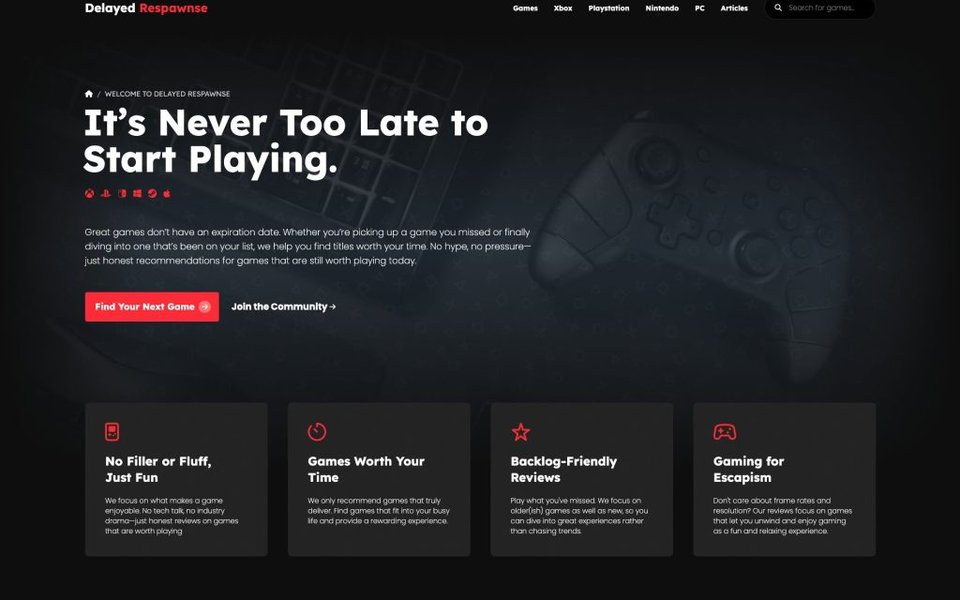 The Delayed Respawnse application, showing catalogue navigation by platform, game search, and the discovery entry points