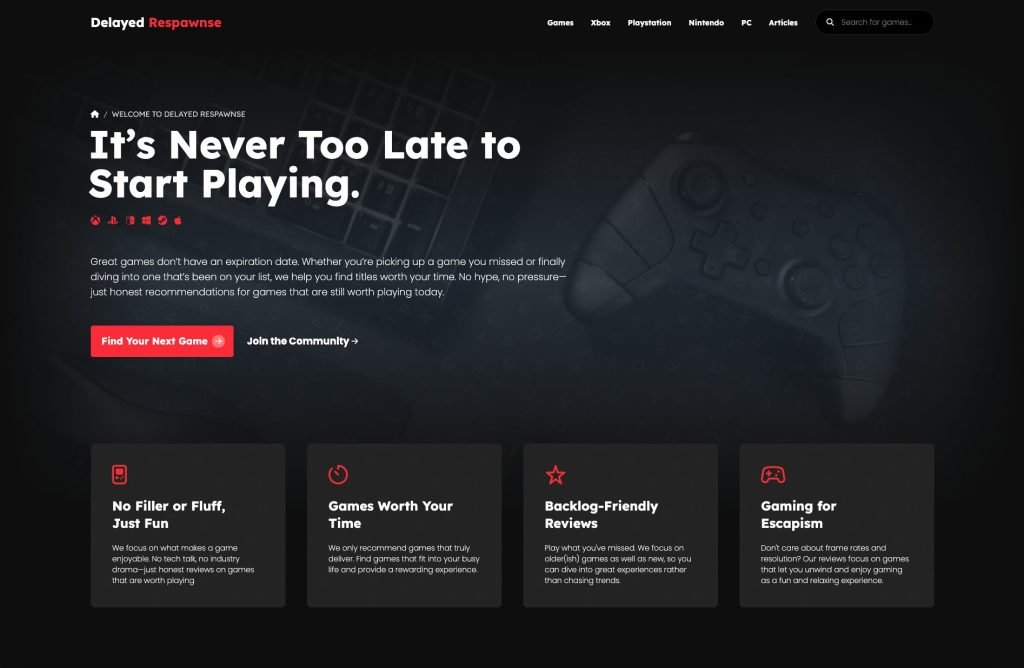 The Delayed Respawnse application, showing catalogue navigation by platform, game search, and the discovery entry points