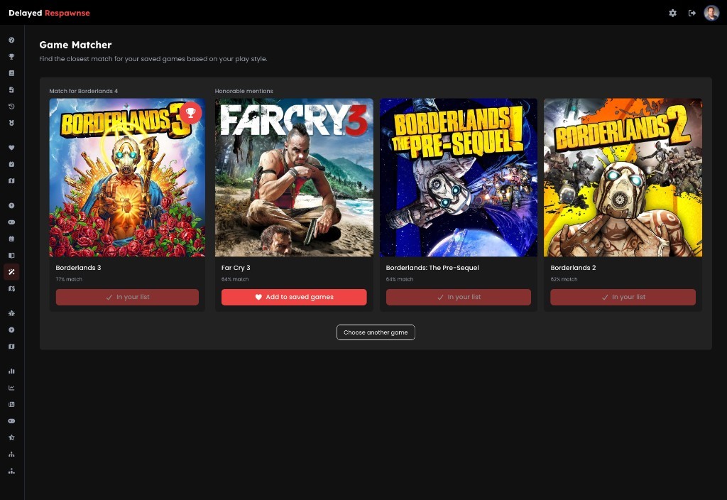 Game Matcher showing match results for Borderlands 4 with similar games and match percentages