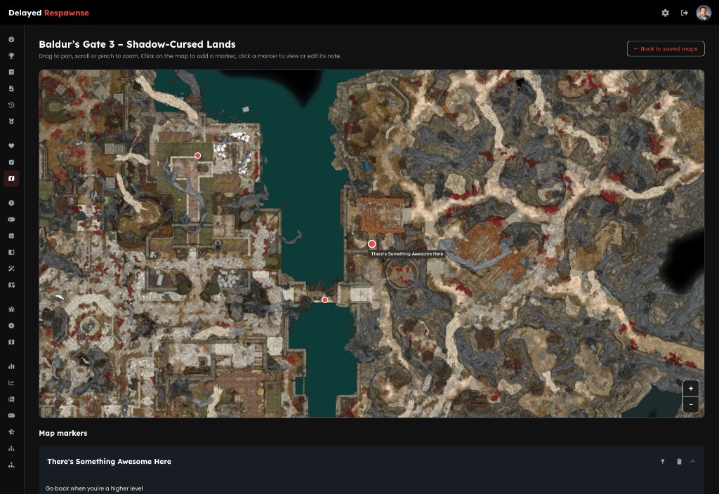 Map Maker showing Baldur's Gate 3 Shadow-Cursed Lands map with custom markers and notes