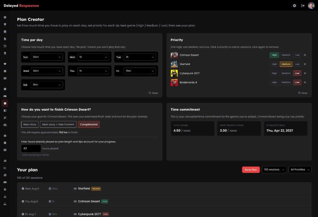 Plan Creator showing time-per-day settings, game priorities, completion targets, time commitment calculations, and generated session schedule