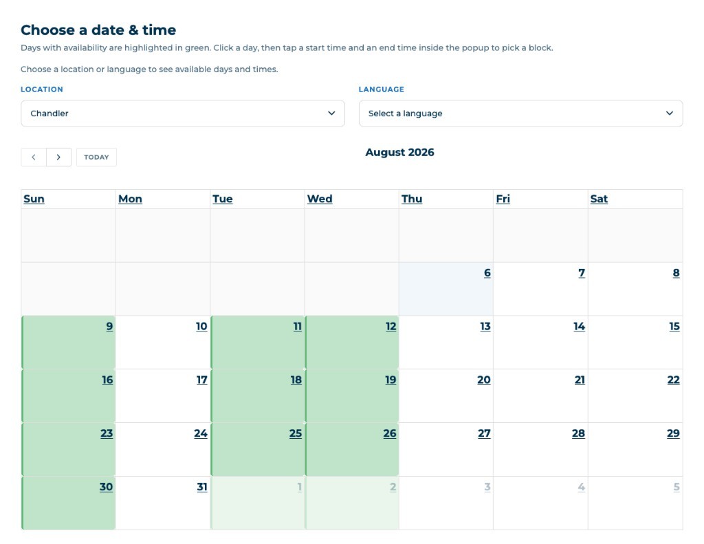 Endeavor family booking calendar for choosing a date and time with location and language filters