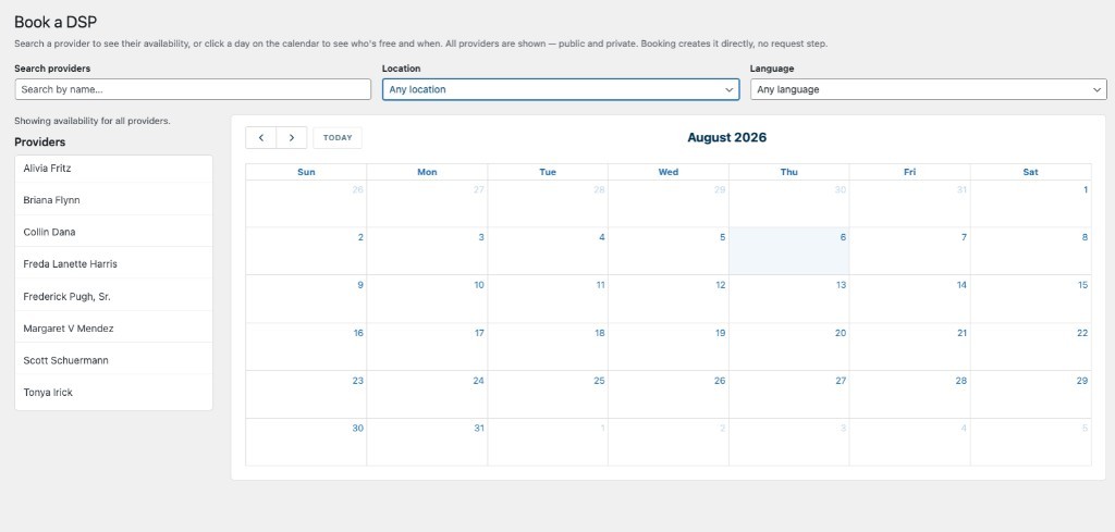 Endeavor office Book a DSP interface listing providers alongside the scheduling calendar