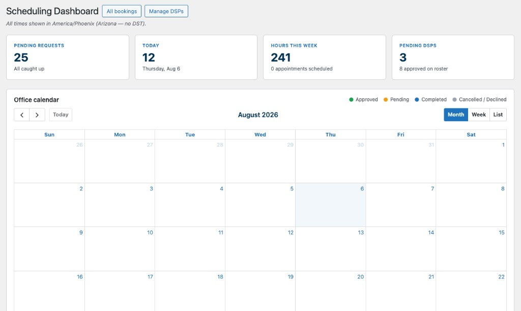Endeavor office scheduling dashboard with pending requests, weekly hours, and the office calendar