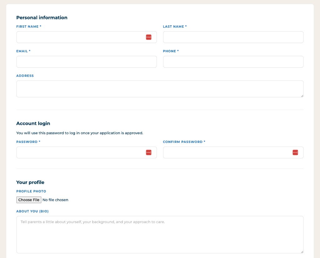 Endeavor provider signup form collecting personal information, account login, and profile details