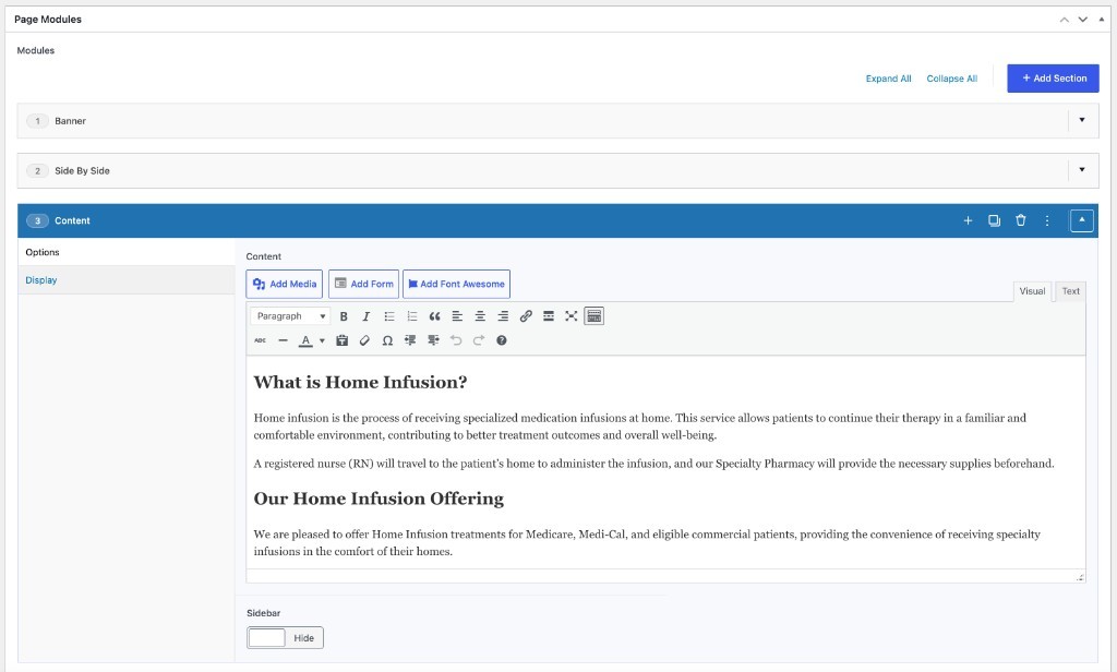 Infusion for Health WordPress editor showing reusable ACF Flexible Content modules