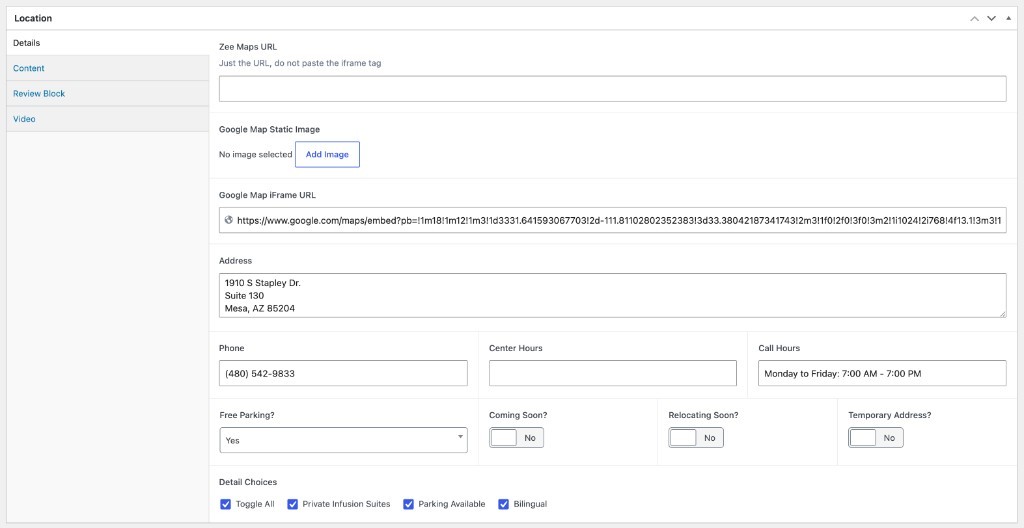 Infusion for Health WordPress location editor showing structured center information