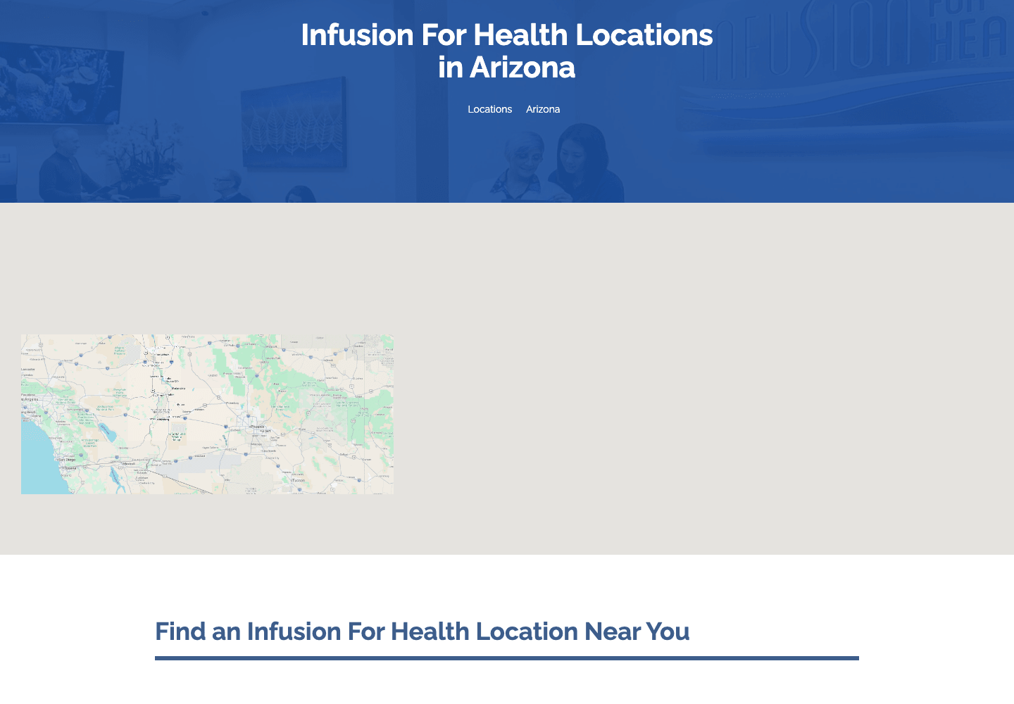 Infusion for Health location page showing center details connected to a live map