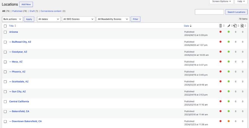 Infusion for Health WordPress locations list showing structured regional and center records