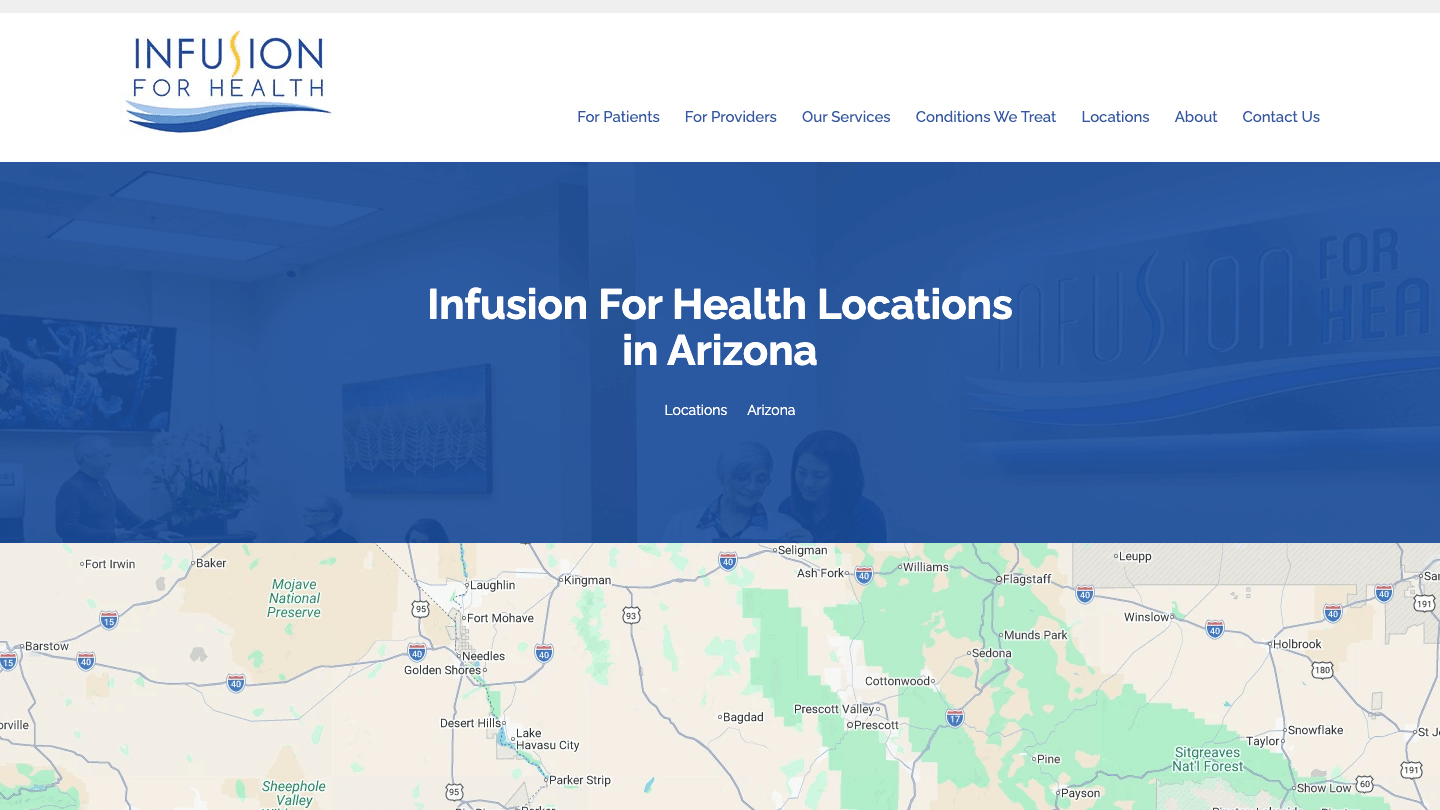 Infusion for Health multi-location website showing infusion center locations and patient information