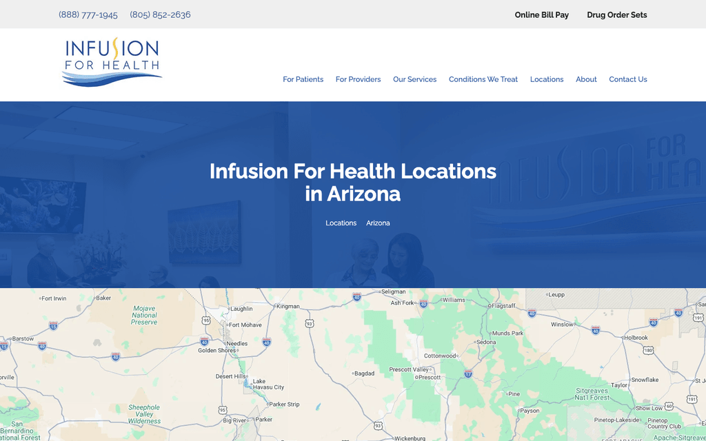 Infusion for Health multi-location website showing infusion center locations and patient information