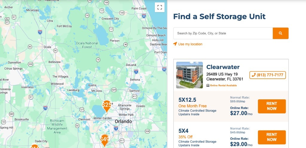Multi-location storage finder with map search, unit pricing, and online rental for a mature MWI client platform