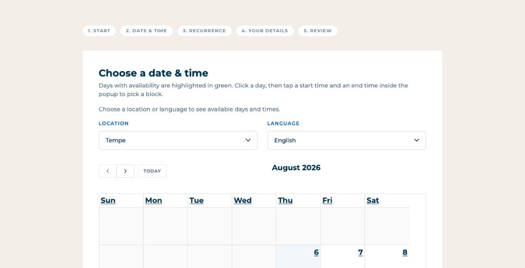 Custom scheduling interface for choosing date, time, location, and language availability