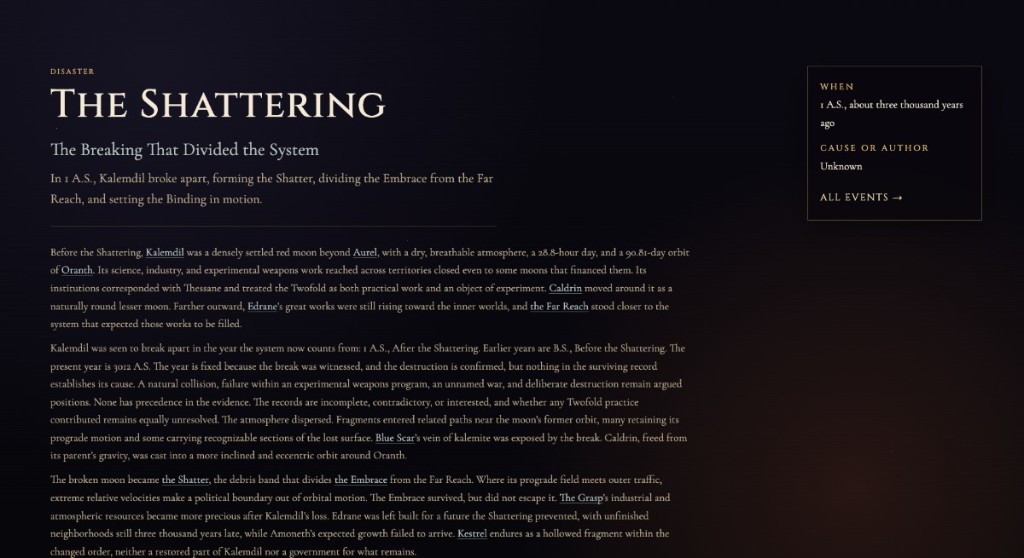 The Shattering event record showing structured history within the Oranthian archive