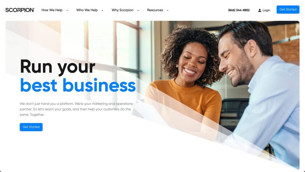 Scorpion corporate marketing website showing product, service, and industry content