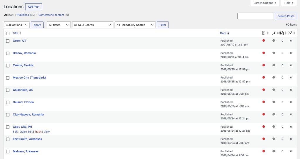 SYKES WordPress locations list showing structured global location records