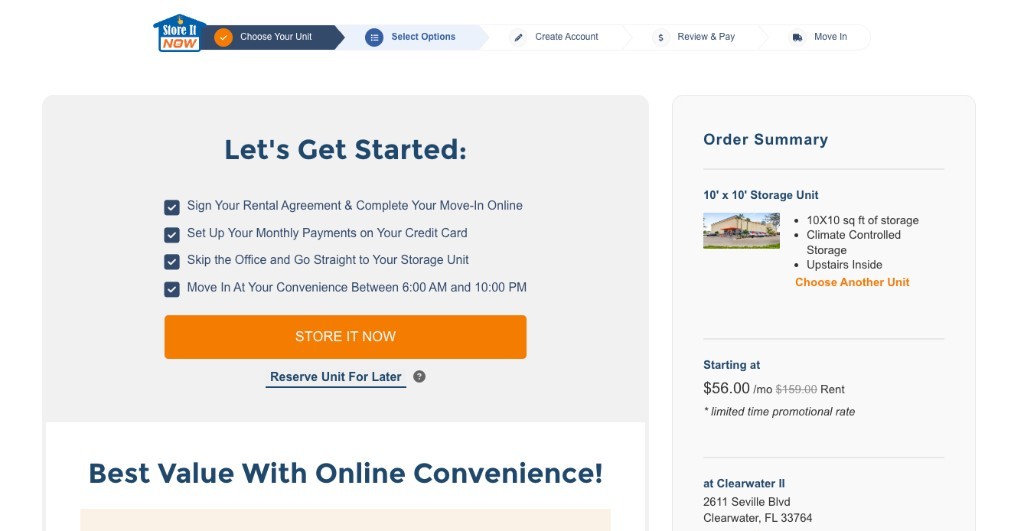 Online checkout showing selected facility and storage unit