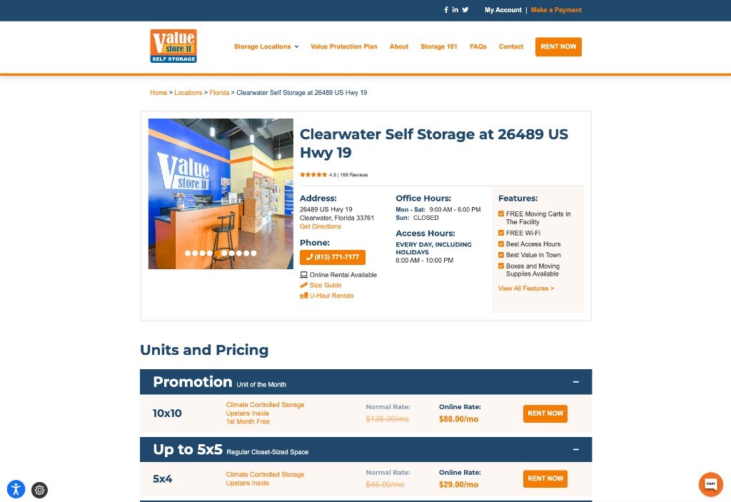 Facility page showing local information, amenities, and rental options