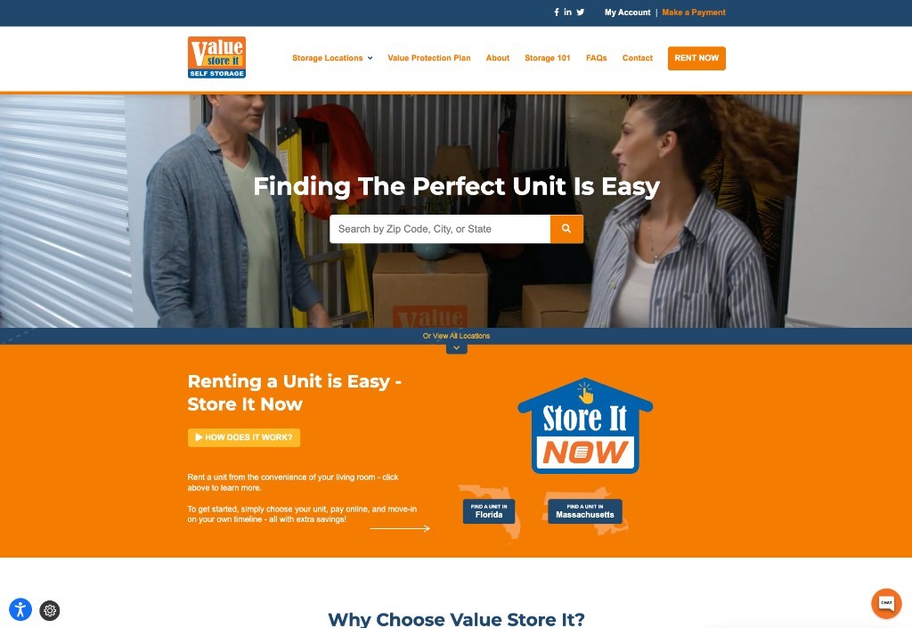 Value Store It homepage showing facility search and online rental calls to action