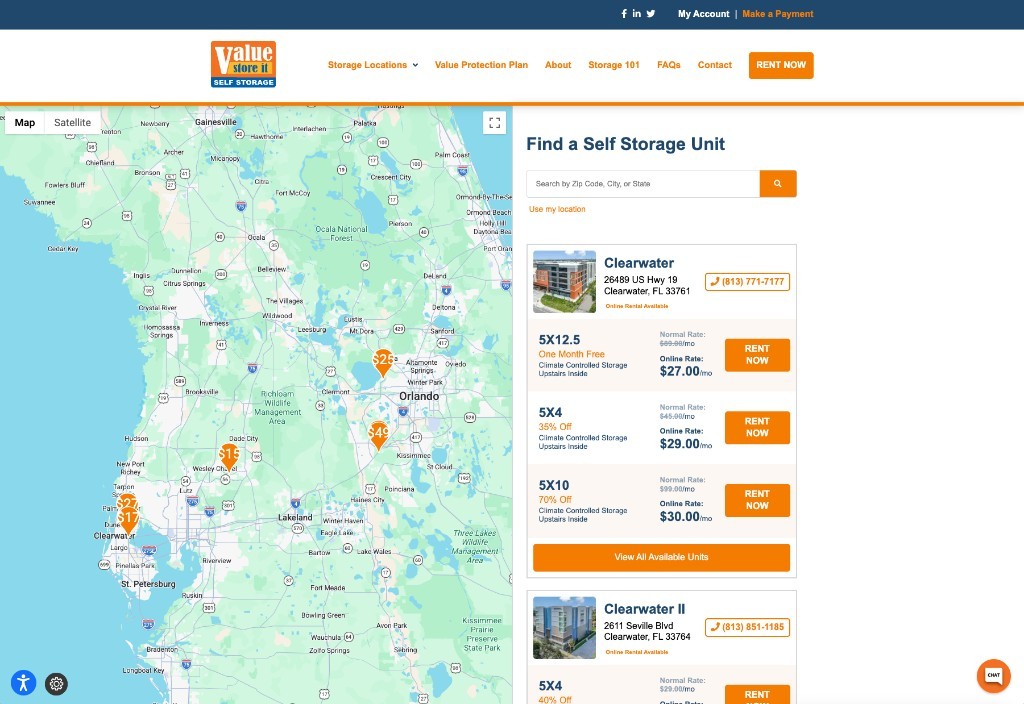 Location finder showing search and facility results