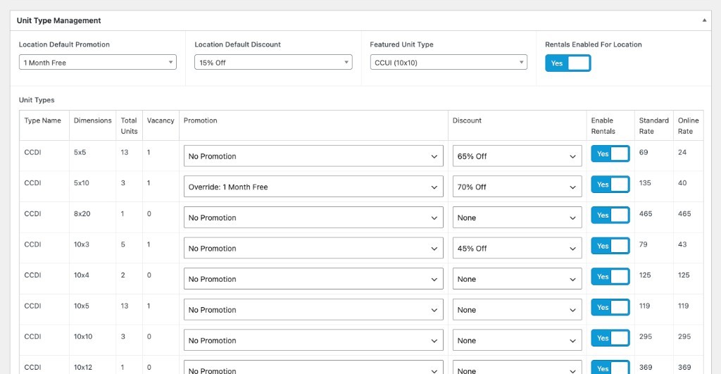 Unit type management showing availability, promotions, and pricing controls