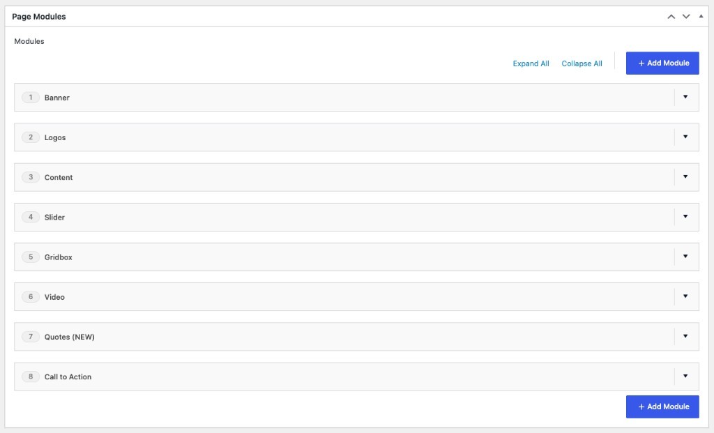 Zight page modules list showing Banner, Logos, Content, Slider, Gridbox, Video, Quotes, and Call to Action