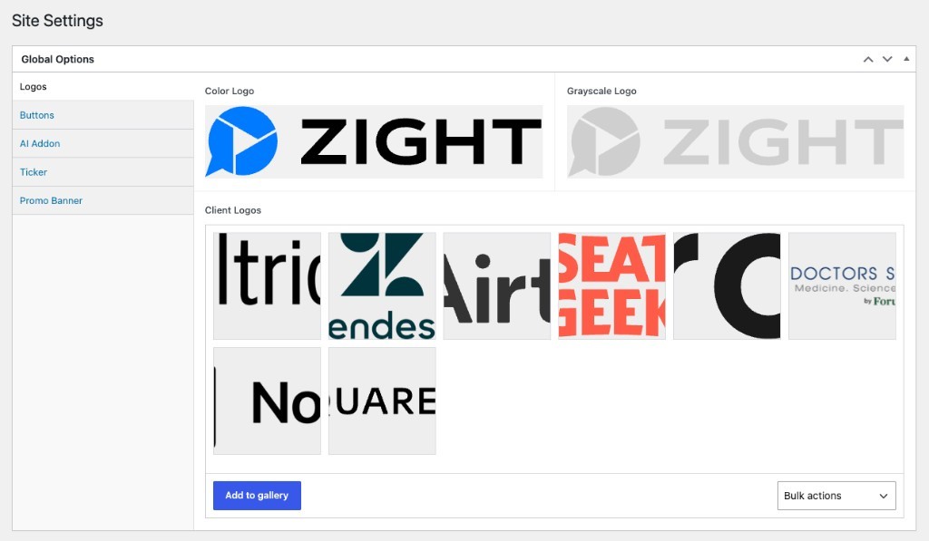 Zight WordPress site settings with global logo options and organized administration controls