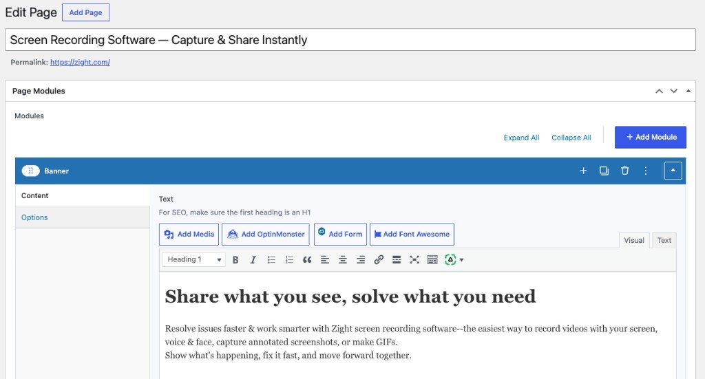 Zight WordPress editor showing a structured Banner module with heading, body copy, and content controls